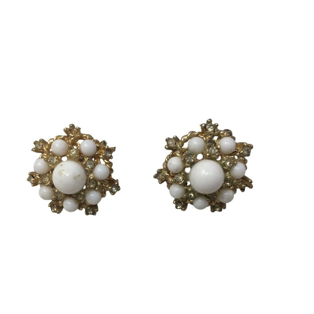 Vintage Women's Gold tone Screw Back Earrings with White Faux Pearls and Rhinest